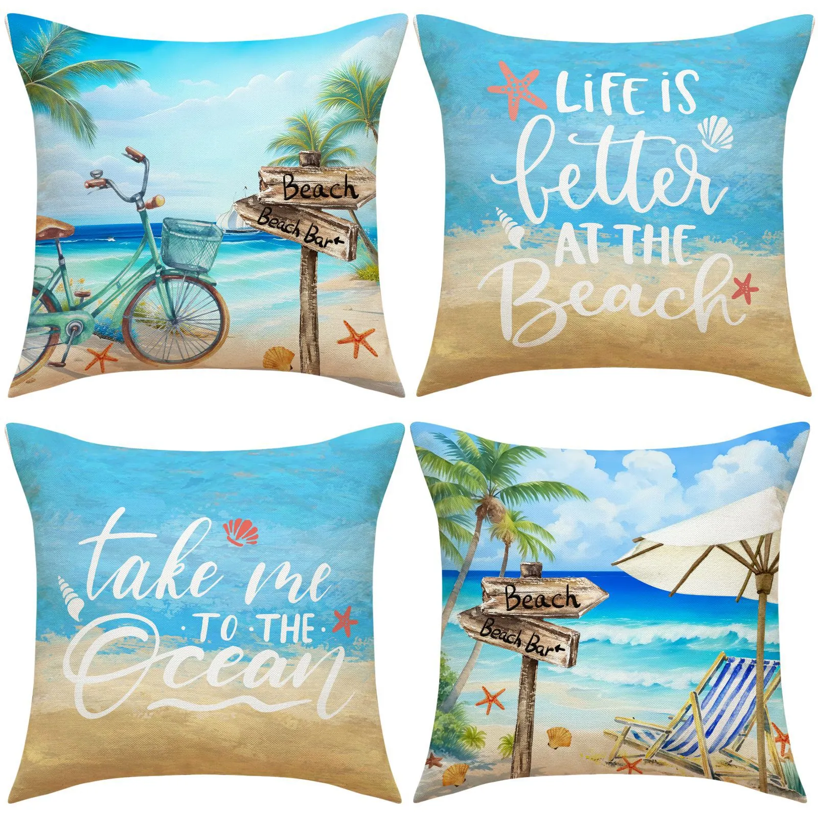 Federe Per Cuscini Tema Spiaggia Mediterranea Trama Lino Oceano Lettere Stampate Decorative Per Divano