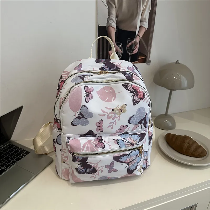 Zaino da Donna in Nylon Stampato Grande Capacità Borsa da Scuola per Studenti Motivo a Farfalla Ciliegia Zaino Casual per Pendolari