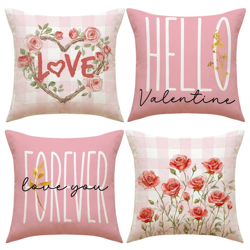 Valentine Day Pillowcase Polyester Linen Decorative Cushion Cover Romantic Rose Heart Love Pattern For Sofa Home Decor