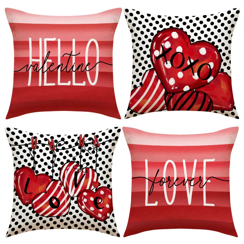Valentine's Day Decorative Pillow Covers Linen Blend Heart Love Letters Printed Cushion Case For Home Sofa Couch Decor