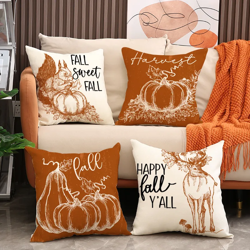 Housses de Coussin Citrouille d'Automne Mélange de Lin Décoratif Thanksgiving Taie d'Oreiller Pour Canapé Décoration Maison
