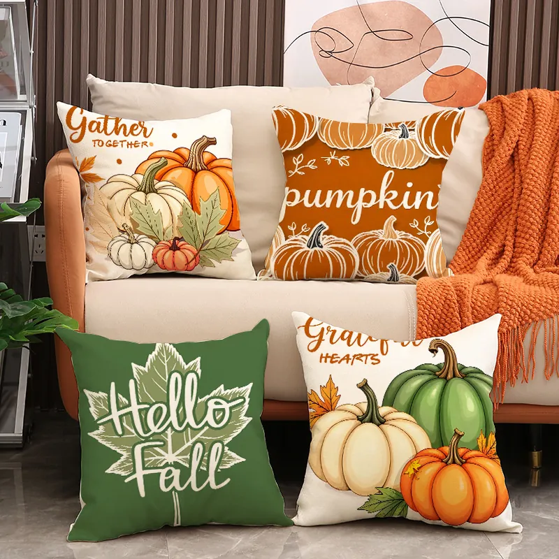 Herbst Kürbis Ahornblatt Leinenmischung Kissenbezüge Kissenhüllen Für Sofa Couch Erntedankfest Deko