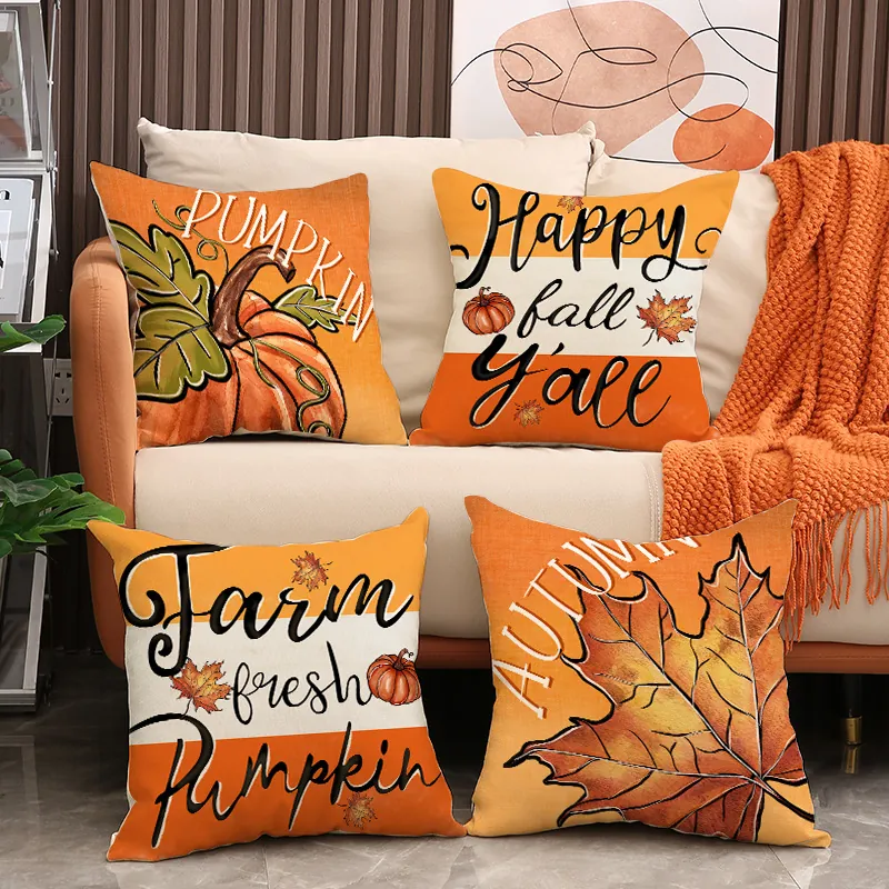 Autumn Pumpkin Maple Leaf Throw Pillow Covers Linen Farmhouse Thanksgiving Decorations For Sofa Couch Home Cushion Case