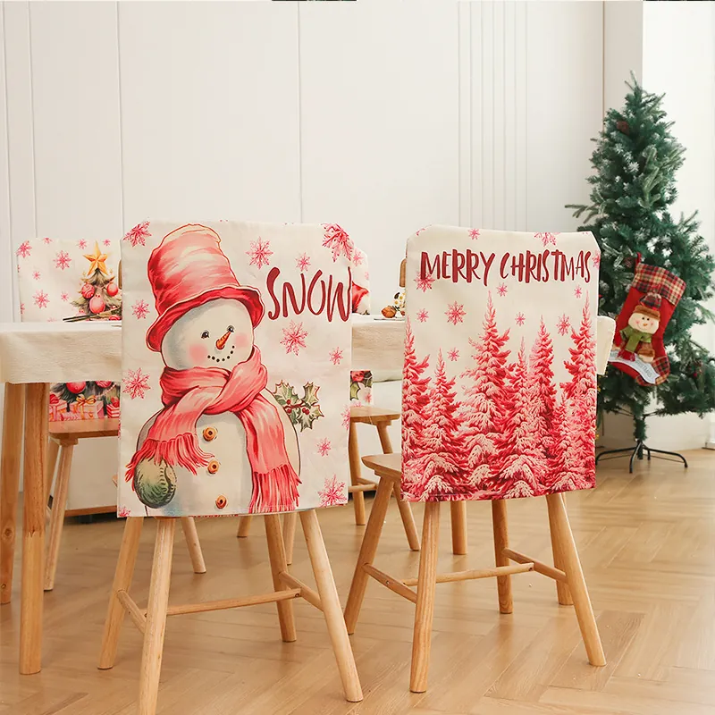Christmas Chair Covers Linen Style Polyester Printed Snowman Santa Pattern Dining Room Decoration Home Festive Decor