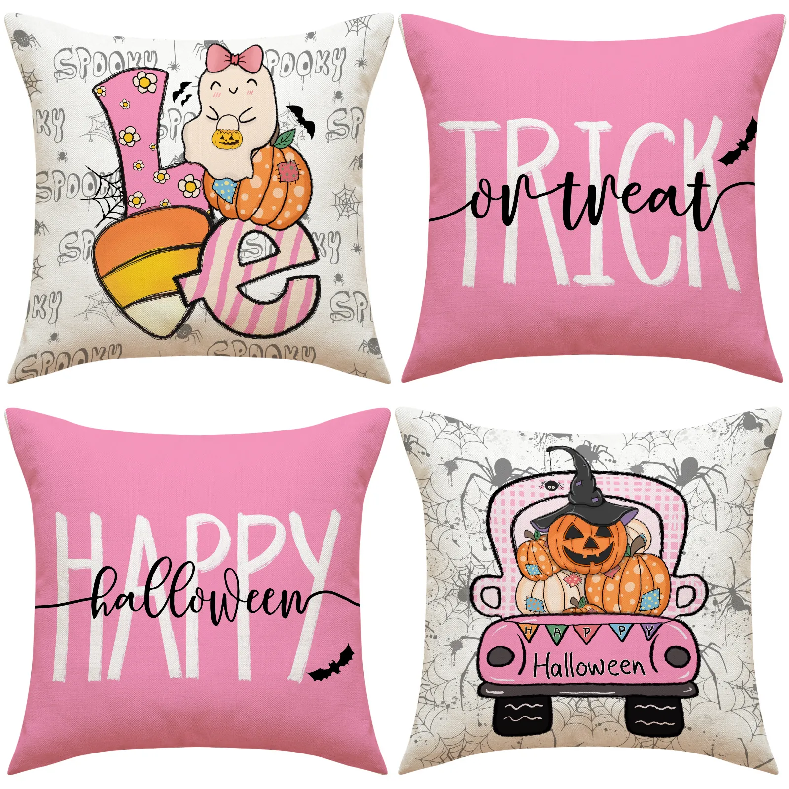 Fodera per Cuscino Decorativa di Halloween Rosa Zucca Fantasma Stampa Lettere Effetto Lino Quadrata per Divano Arredamento Casa