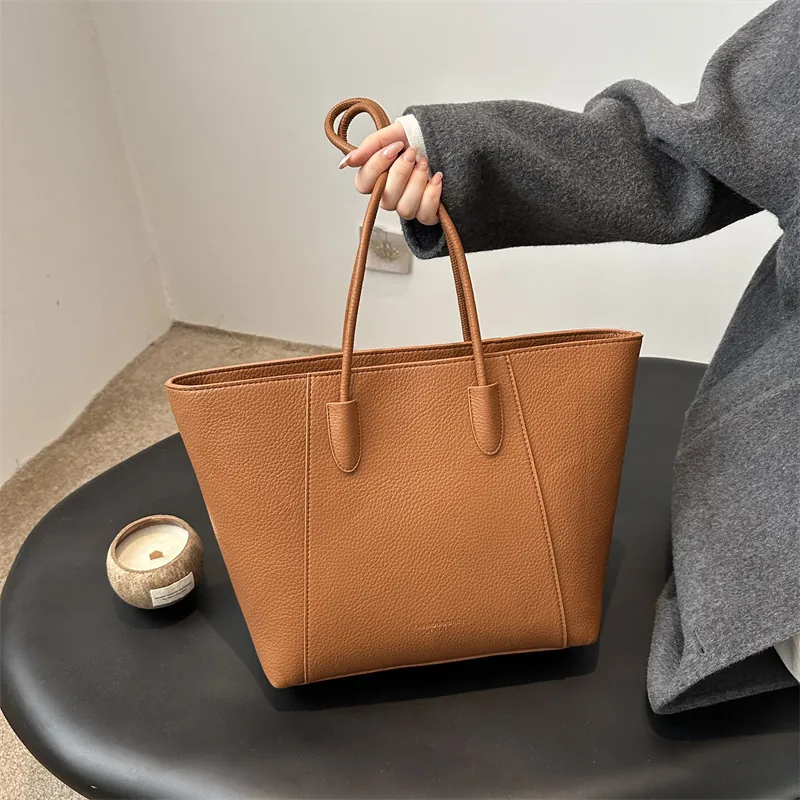 Large Capacity Tote Bag PU Leather Lychee Texture Simple Chic Commute Shoulder Handbag For Women