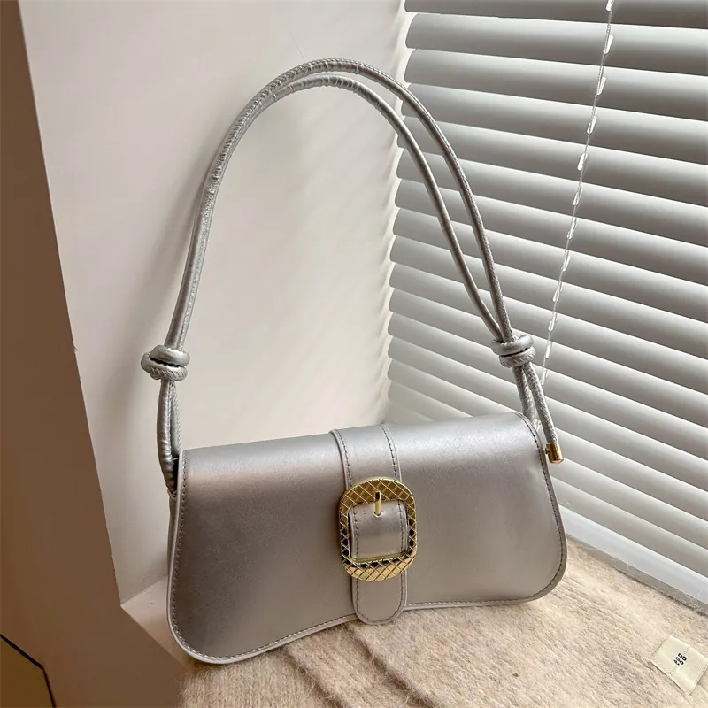 Women PU Leather Shoulder Bag Metal Buckle Flap Underarm Bag Knot Strap Daily Dating Fashion Versatile Solid Color Handbag