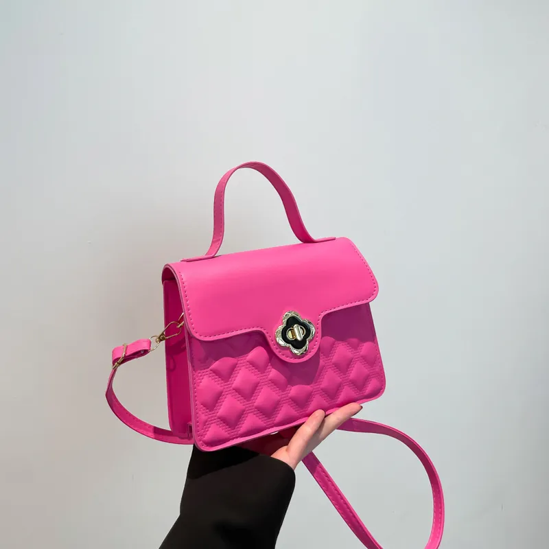 Elegant Women Quilted PU Leather Shoulder Bag Solid Color Casual Handbag With Floral Lock Chic Crossbody Square Bag