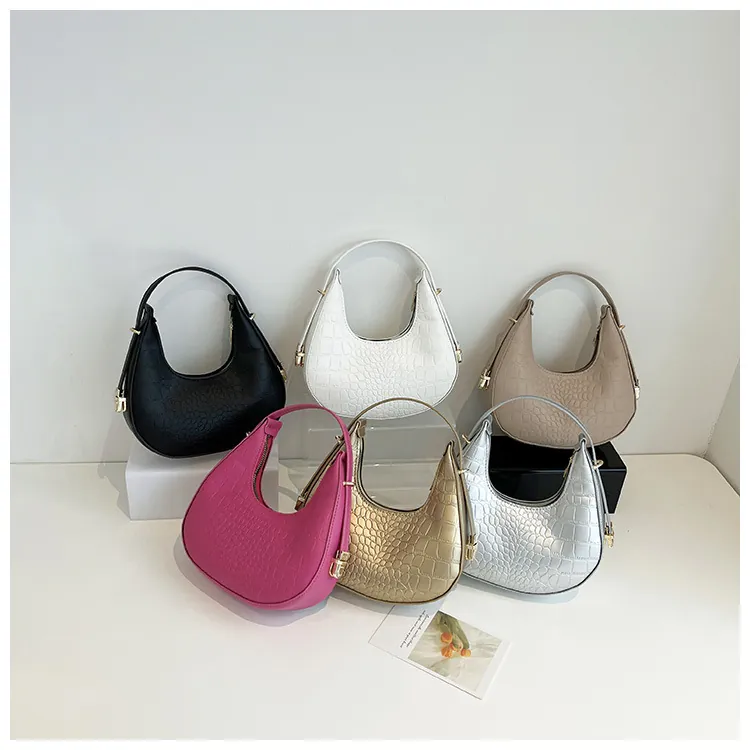 Women Crocodile Pattern Crescent Moon Underarm Bag Trendy Embossed PU Leather Hobo Shoulder Bag With Golden Hardware Fashion Handbag For Daily Commute