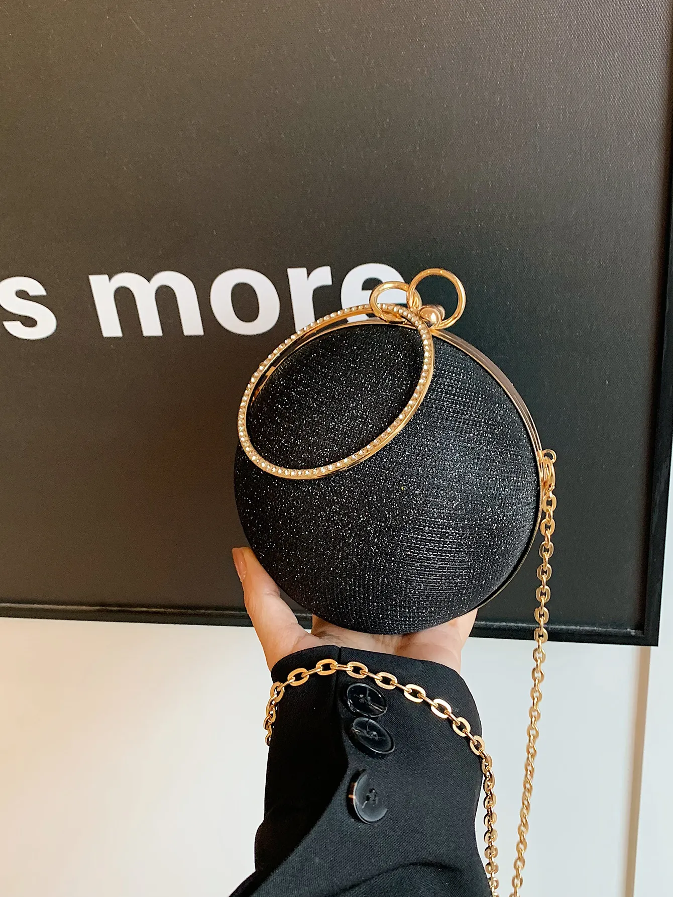 Spherical Evening Bag Glitter Sequin Circular Metal Handle Rhinestone Chain Strap Party Clutch For Women Elegant