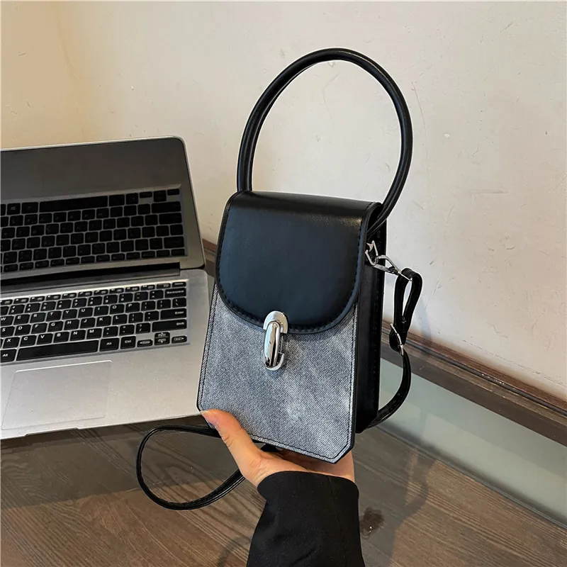 Retro Patchwork Mini Crossbody Bag PU Leather Suede Denim Texture Round Handle Square Shoulder Handbag For Women