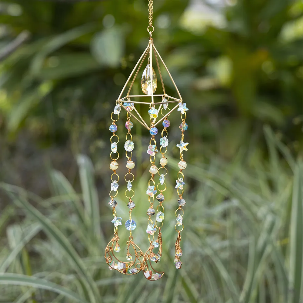Geometric Crystal Suncatcher Prism Gold Iron Frame Moon Star Natural Stone Beads Hanging Ornament Home Garden Decor