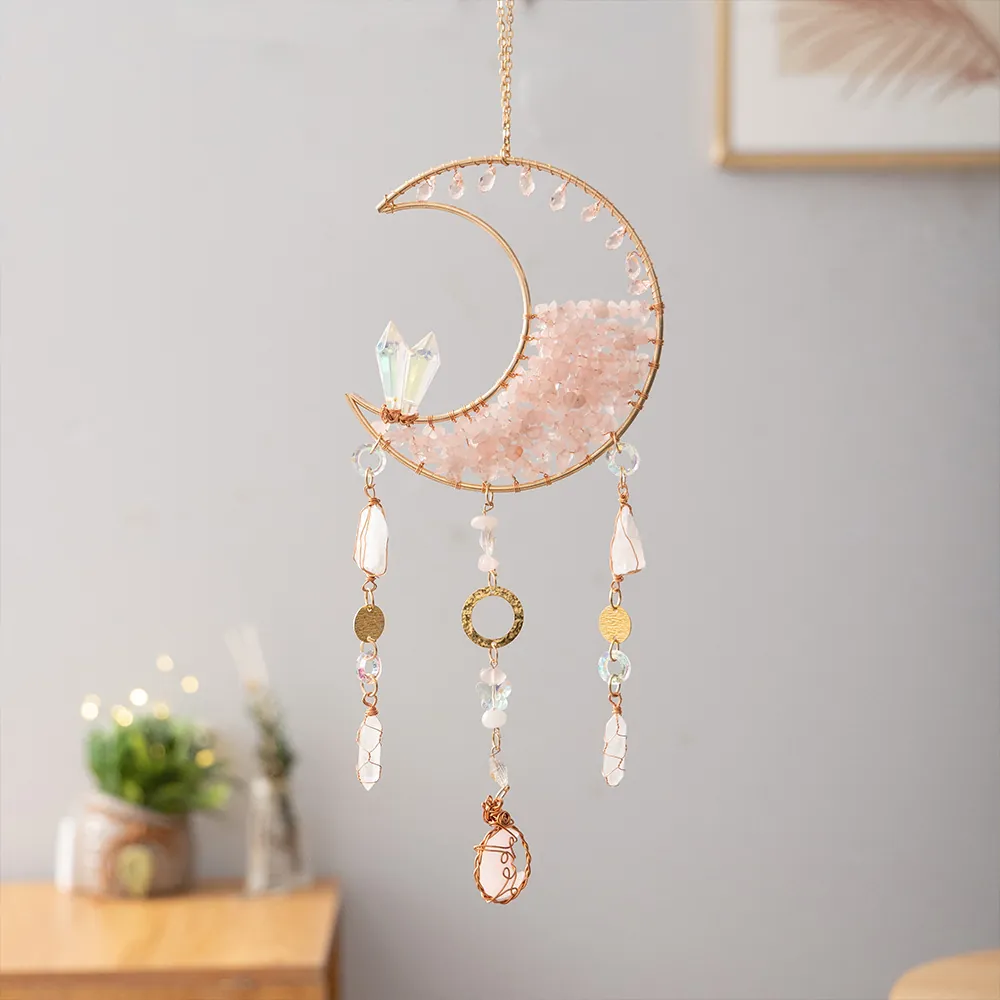 Moon Shape Suncatcher Boho Handmade Hanging Ornament Rose Quartz Crystal Metal Wire Rainbow Maker Home Garden Decor