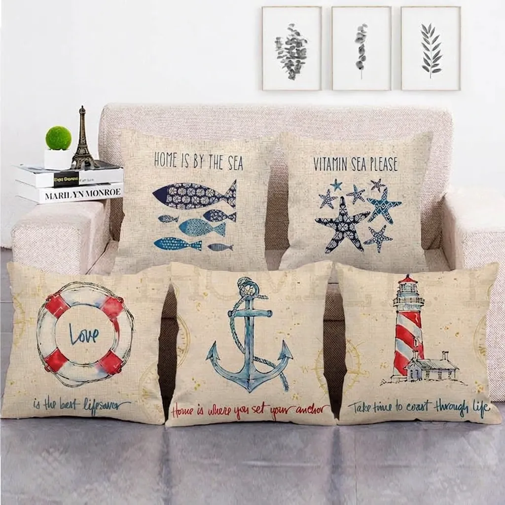 Nautical Theme Linen Throw Pillow Cover Sea Elements Anchor Sailboat Compass Starfish Decorative Square Cushion Case Sofa Decor