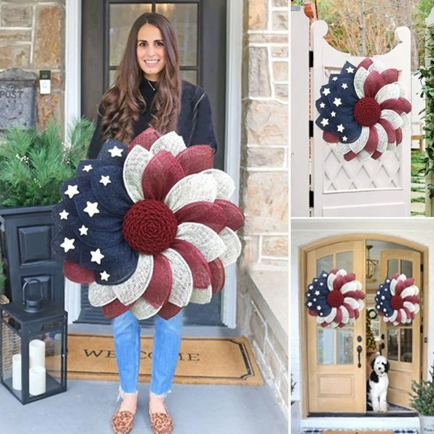 Patriotic Independence Day Burlap Wreath Red White Blue American Flag Star Floral Door Hanging Garland Home Party Decor