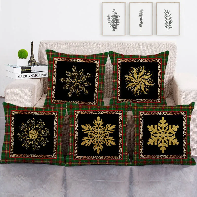 Christmas Cushion Covers Linen Snowflake Plaid Leopard Print Square Decorative Pillowcase Sofa Home Decor Festive Winter