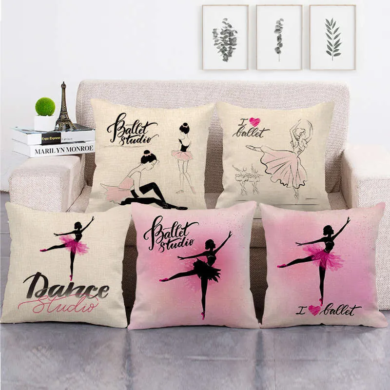 Ballet Dancer Silhouette Cushion Cover Linen Decorative Square Pillowcase Sofa Home Decor Artistic Printed