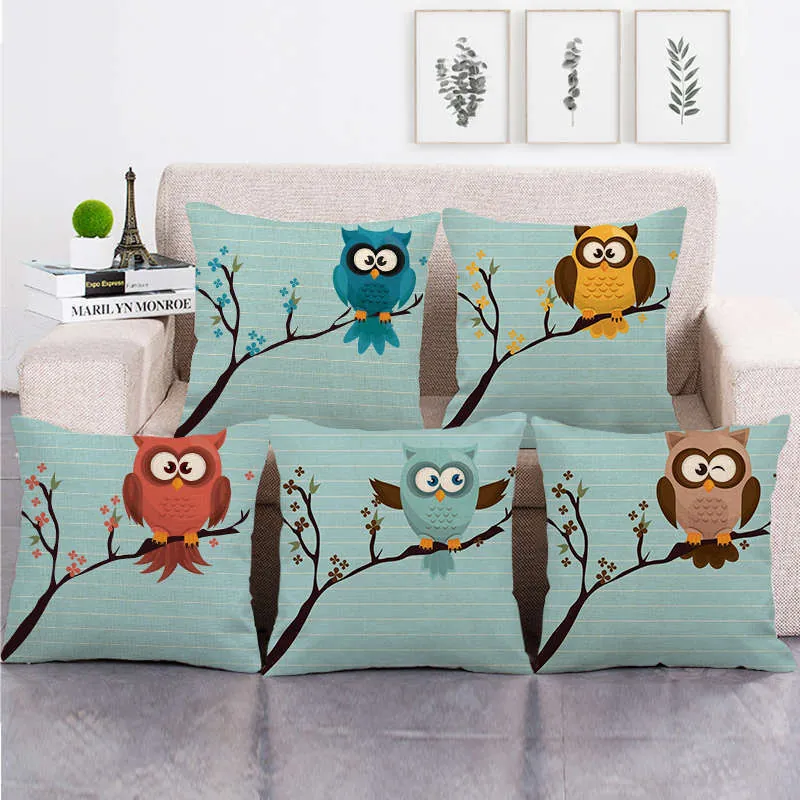 Square Cushion Cover Linen Cartoon Owl Printed Decorative Pillowcase For Sofa Home Decor