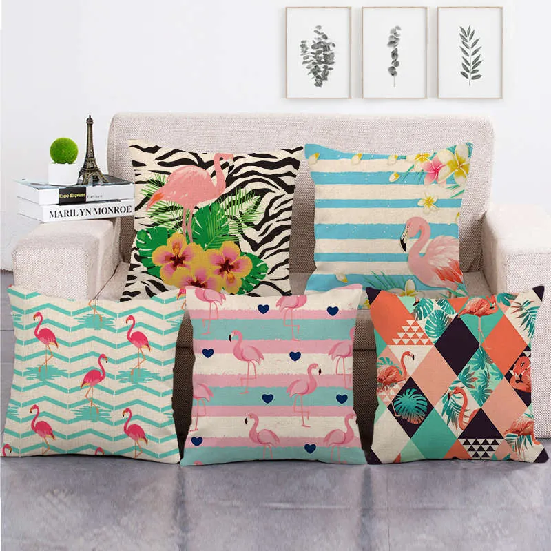 Flamingo Linen Cushion Cover Tropical Plant Flower Pattern Decorative Square Pillowcase Sofa Home Decor