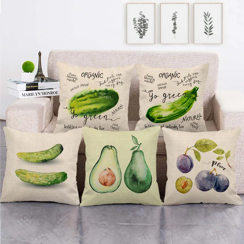 Square Linen Cushion Cover Fruit Vegetable Mushroom Print Farmhouse Decorative Pillowcase For Home Sofa