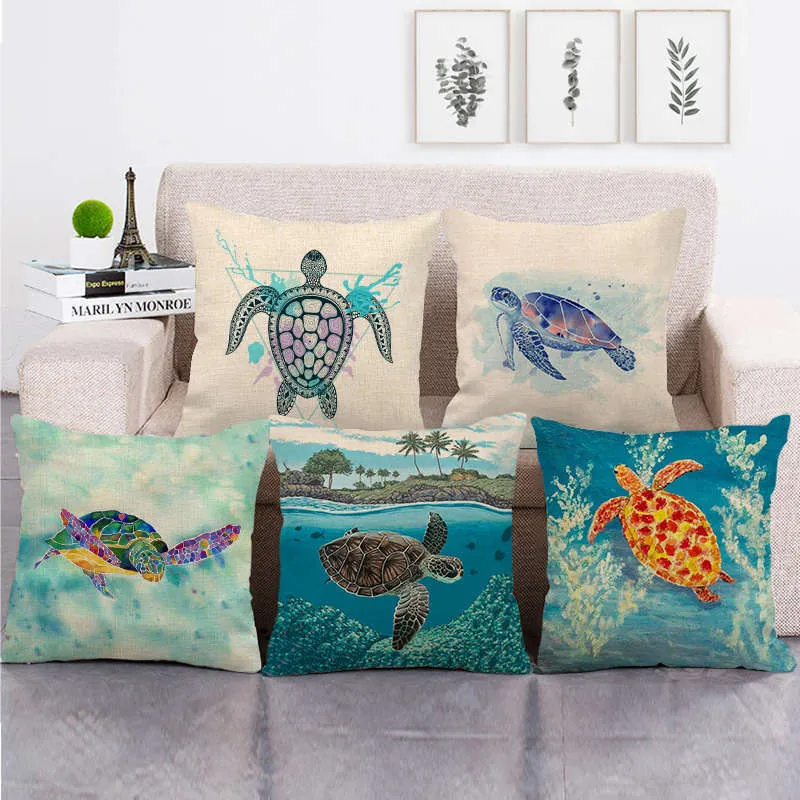 Sea Turtle Pattern Linen Blend Cushion Cover Decorative Square Pillowcase Coastal Ocean Theme For Sofa Living Room Home Decor