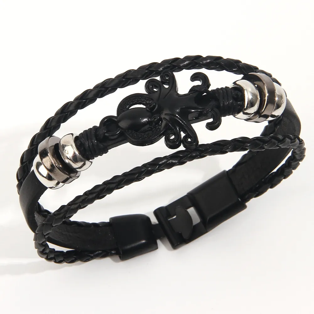 Vintage Punk Leather Bracelet Multi Layer Woven PU Alloy Obsidian Octopus Charm Men Jewelry