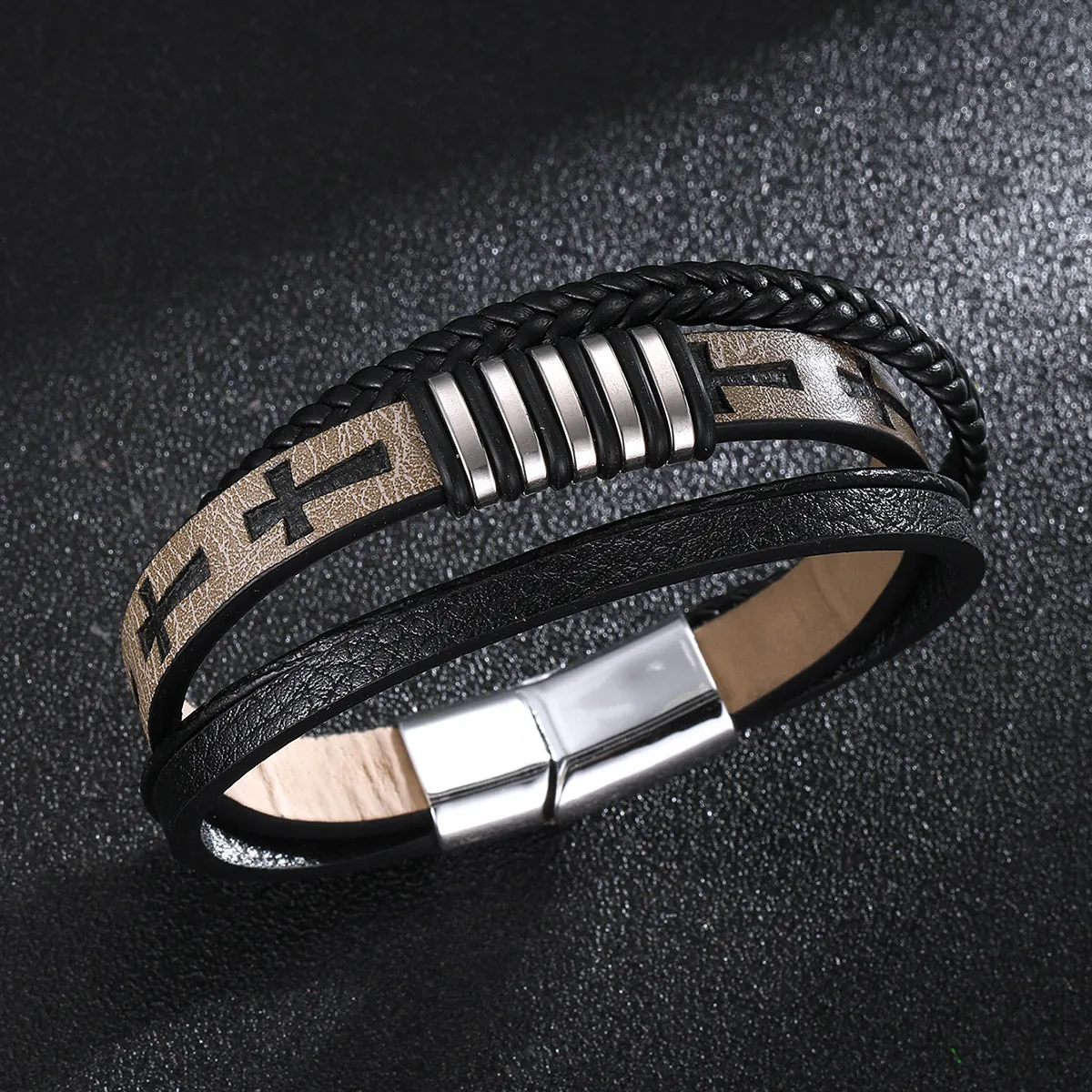 Men Multi Layer Leather Bracelet Braided Rope Cross Pattern Magnetic Clasp Retro Punk Fashion Jewelry Accessory