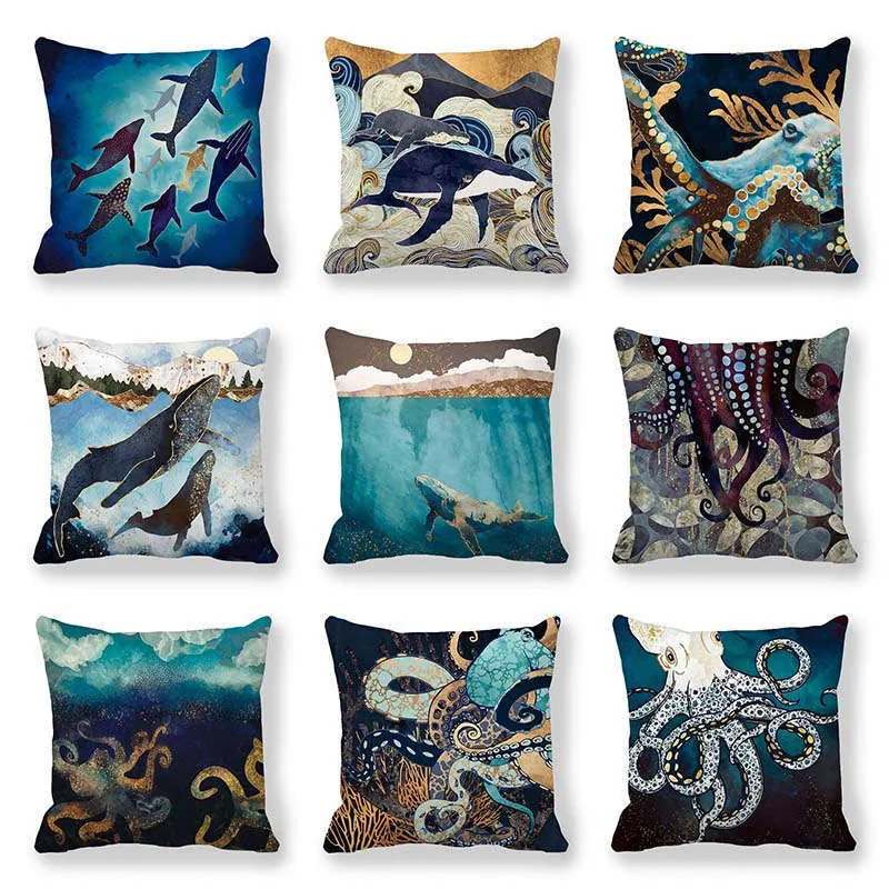 Artistic Ocean Series Pillowcase Peach Skin Fabric Whale Octopus Pattern Decorative Cushion Cover For Sofa Home Decor