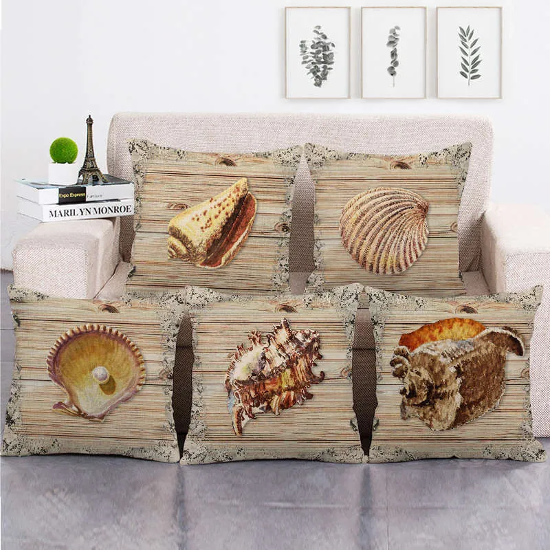 Shell Conch Print Cushion Covers Linen Nautical Beach Style Sofa Decorative Retro Wood Grain Home Decor
