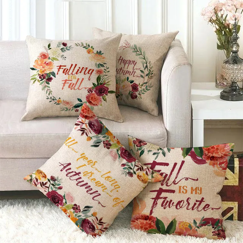 Autumn Flower Linen Decorative Pillow Covers Falling For Fall Happy Autumn Slogan Cushion Covers For Home Decor