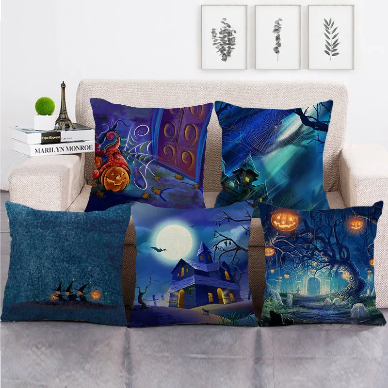 Halloween Theme Linen Cushion Cover Witch Castle Pumpkin Print Decorative Pillowcase Home Sofa Decor