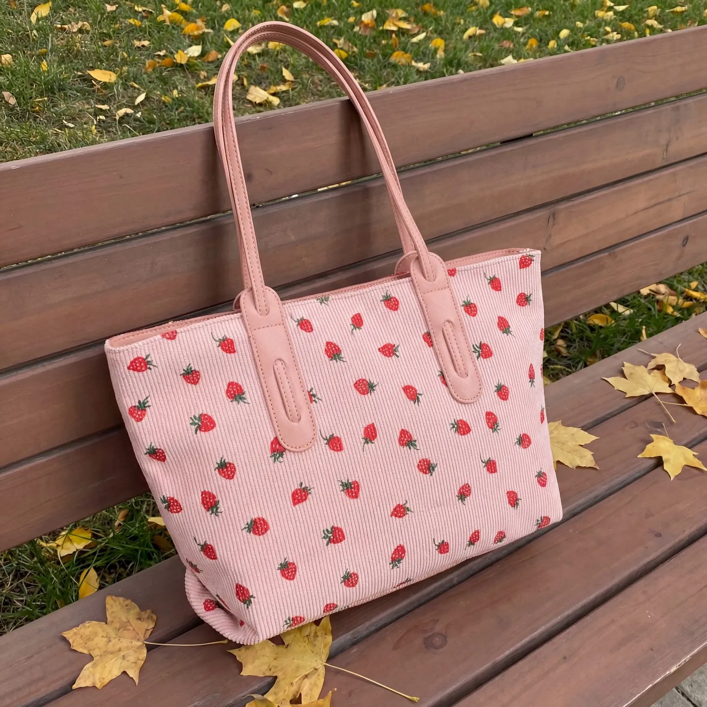 Strawberry Print Corduroy Tote Bag Large Capacity Zipper Shoulder Handbag Cute Casual For Women Students