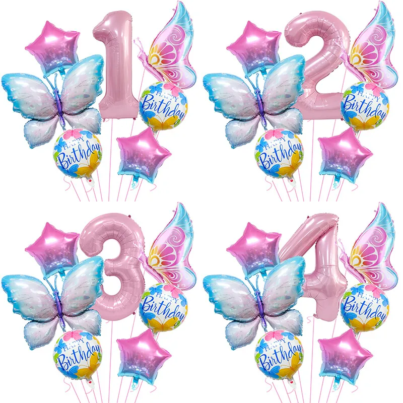 Butterfly Theme Birthday Party Balloon Set Pink Number Foil Balloons Ice Blue Gradient Star Balloons For Kids Party Decoration