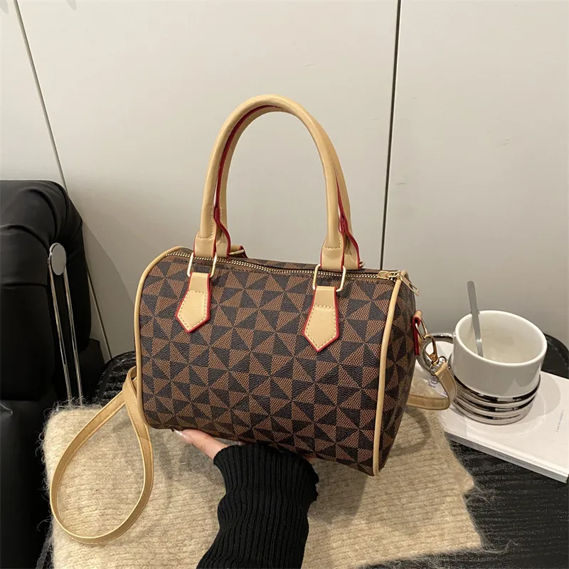 Geometric Triangular Print Boston Bag Synthetic Leather Handbag Top Handle Crossbody With Detachable Strap For Women
