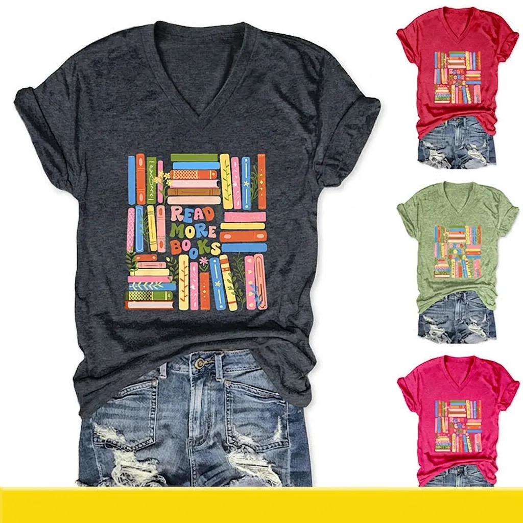 Women V Neck T Shirt Cotton Blend Short Sleeve Read More Books Graphic Print Loose Fit Casual Summer Top
