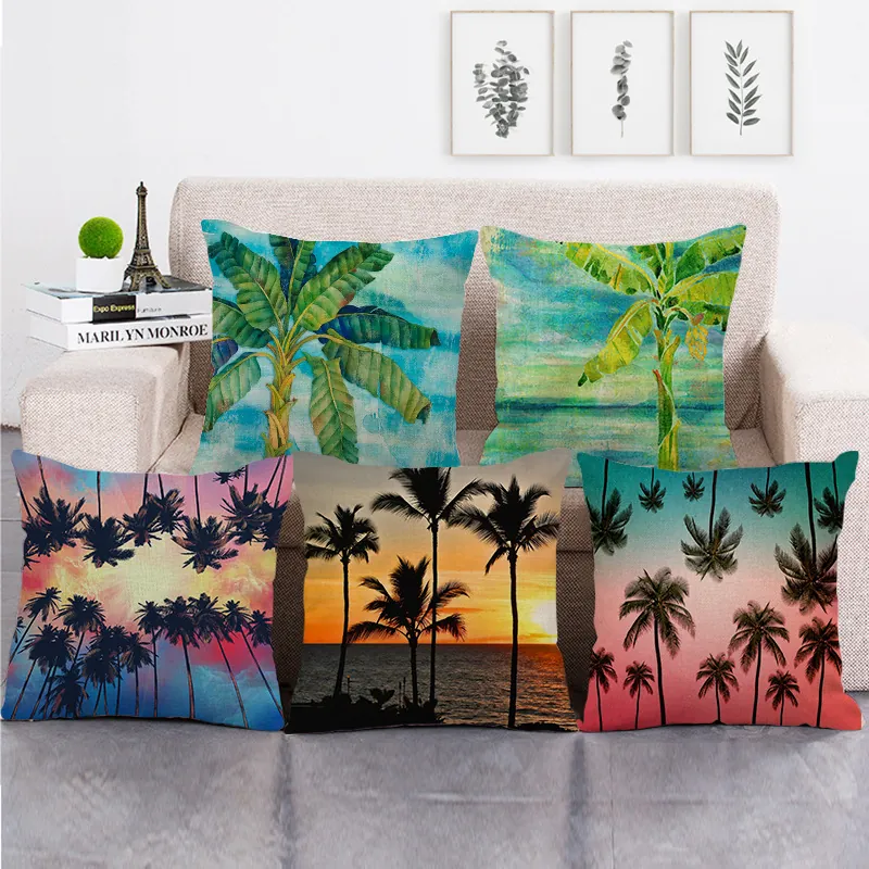Decorative Pillow Covers Linen Tropical Palm Tree Sunset Landscape Square Throw Cushion Cases Home Living Room Decor