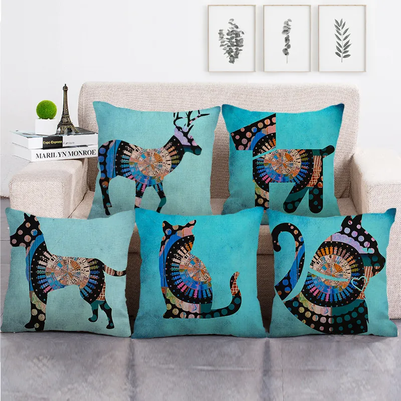 Animal Silhouette Cushion Cover Linen Cotton Blend Bohemian Kaleidoscope Geometric Pattern Modern Sofa Pillowcase