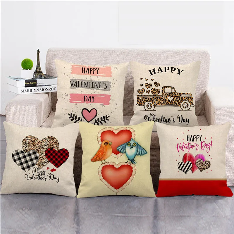 Valentine's Day Cushion Cover Linen Pillowcase Romantic Heart Print Home Decor Sofa Square Cushion Case