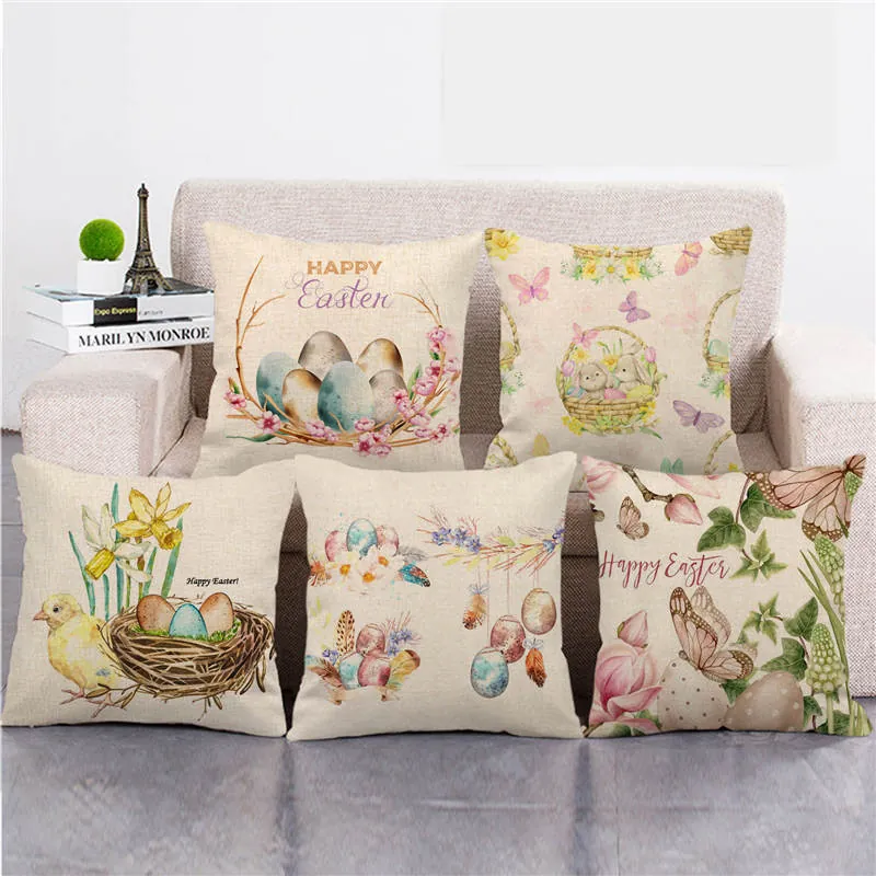 Happy Easter Rabbit Eggs Linen Pillow Case Decorative Cushion Cover For Sofa Home Living Room Pastoral Throw Pillowcase