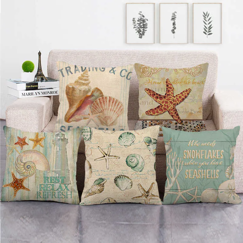 Nautical Ocean Theme Throw Pillow Cover Linen Sea Creature Starfish Shell Print Square Cushion Case For Home Sofa Decor