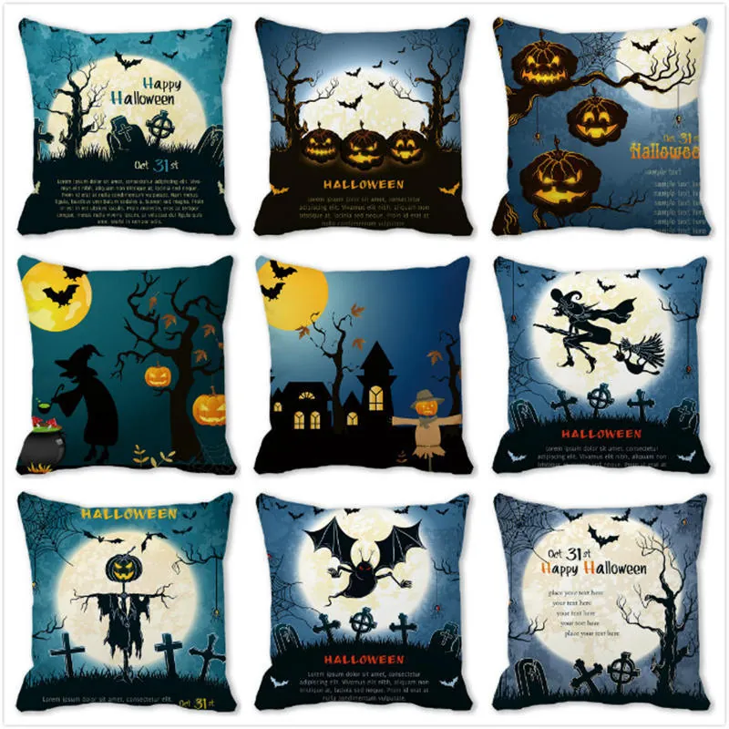 Halloween Cushion Cover Peach Skin Polyester Bat Pumpkin Ghost Print Throw Pillowcase Home Decor Sofa Square