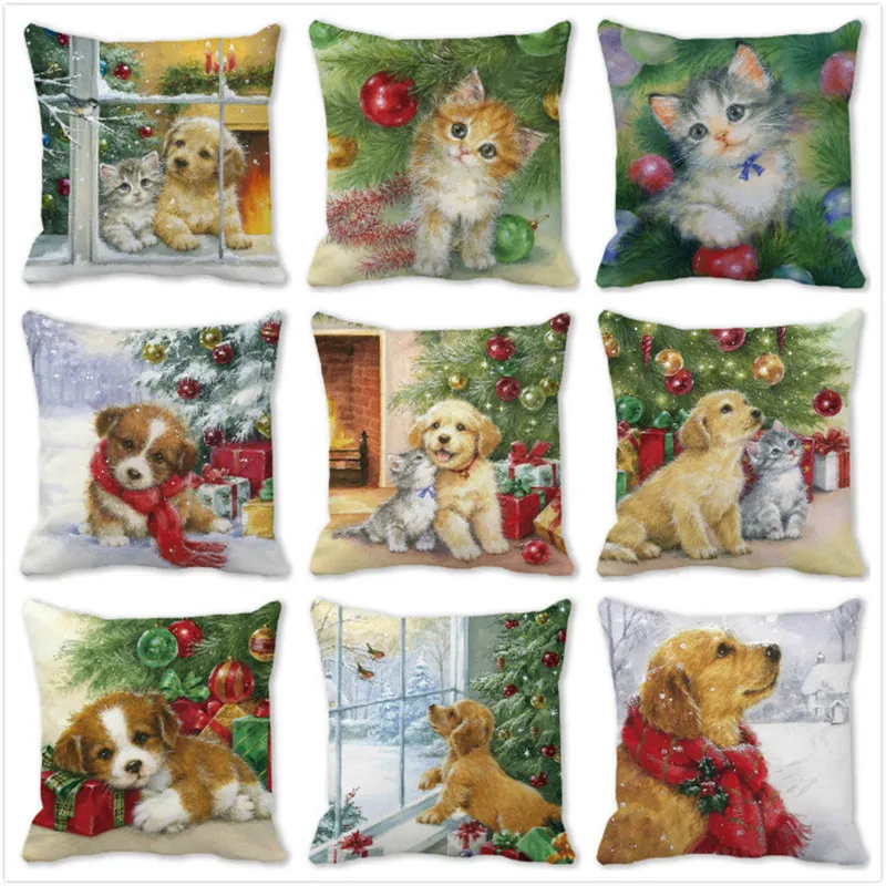 Housse De Coussin Noël Polyester Peau De Pêche Motif Chat Chien Mignon Taie Oreiller Décorative Carrée Canapé Décor