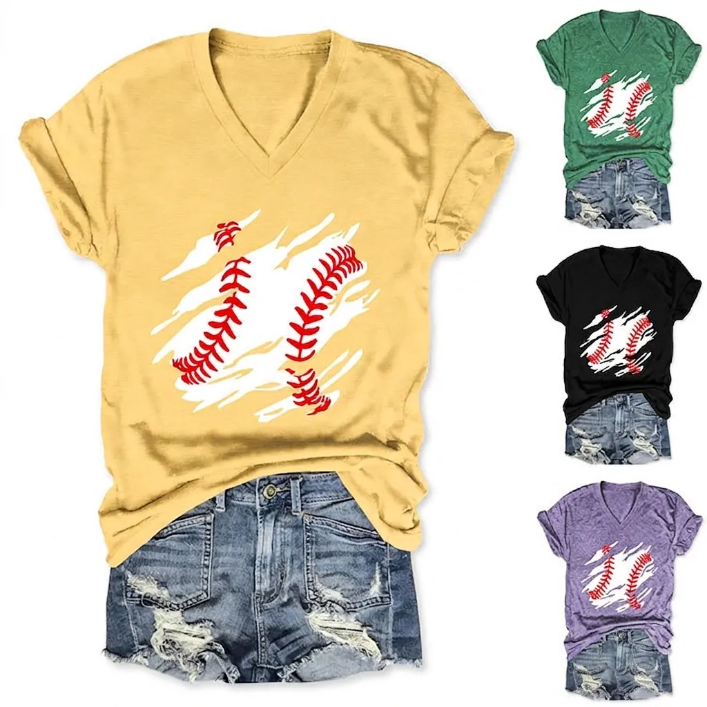 Women V-Neck T-Shirt Cotton Blend Short Sleeve Baseball Print Ripped Pattern Casual Loose Fit Top Summer Fashion Streetwear