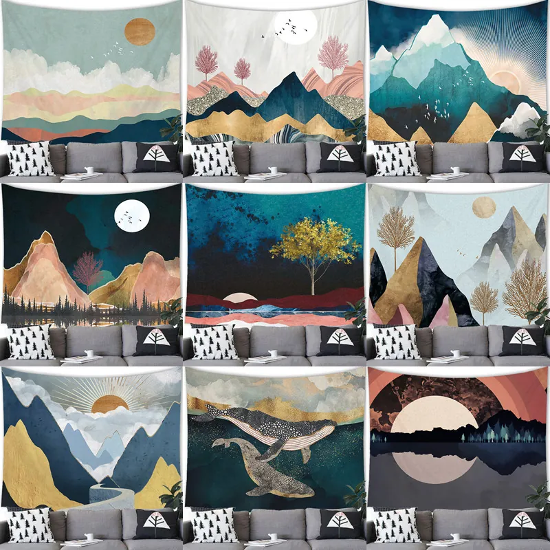 Arazzo da Parete Paesaggio Montano Astratto Moderno Alba Tessuto in Poliestere Arte Parete Artistica per Soggiorno Camera da Letto Decorazione Casa