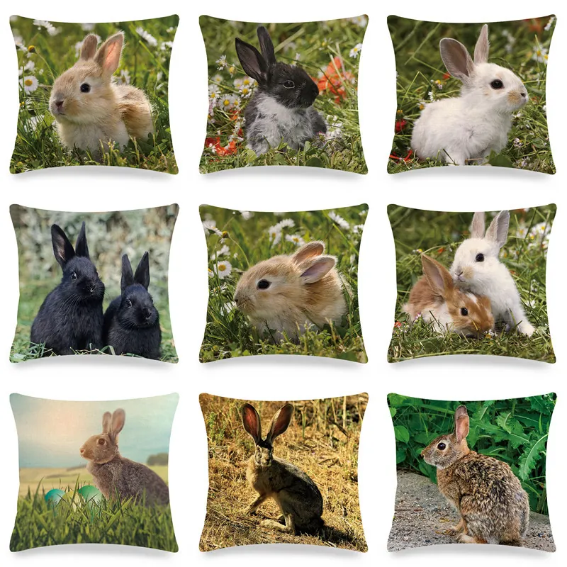 Rabbit Bunny Print Linen Throw Pillowcase Decorative Square Cushion Cover For Sofa Living Room Home Decor