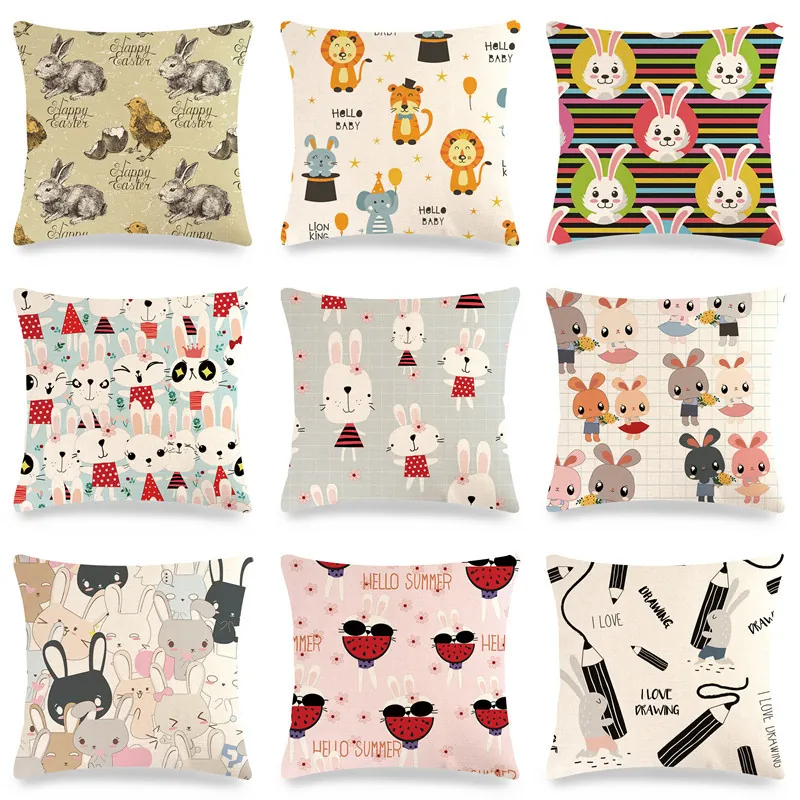 Happy Easter Bunny Linen Pillowcase Decorative Cartoon Rabbit Eggs Flower Print Square Cushion Cover For Sofa Home Decor