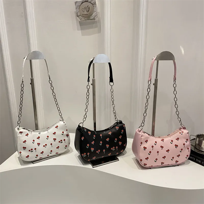Women Cherry Print Underarm Bag PU Leather Half Moon Shoulder Bag With Metal Chain Strap Fashion Sweet Small Tote Purse
