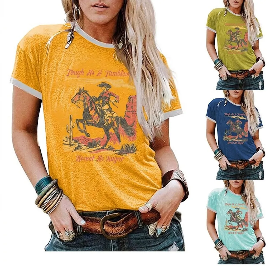 Women Vintage Western Cowboy Graphic Ringer T-Shirt Cotton Blend Short Sleeve Crew Neck Contrast Trim Retro Casual Top