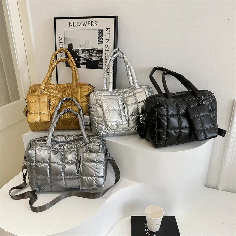 Borsa Tote Trapuntata Metallica da Donna Grande Capacità Borsa a Tracolla Madre E Figlio Borsa a Spalla Street Fashion