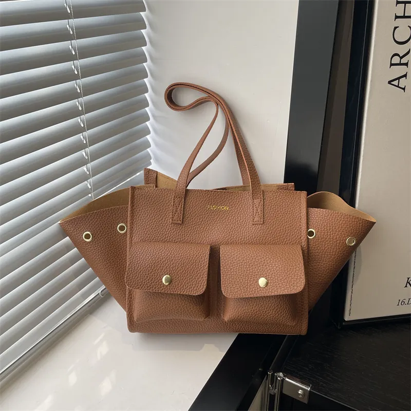 Borsa A Spalla Retro Da Donna In Pelle PU Grande Capacità Trama Lychee Borsa Tote Con Tasche Anteriori Funzionale Casual A Mano